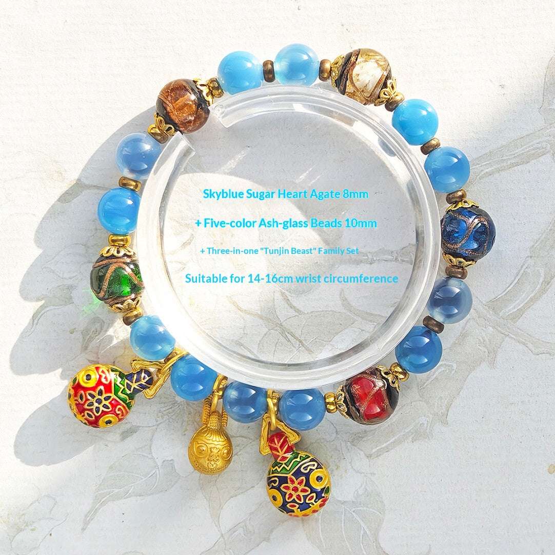 Gold Foil Liuli Glass Luminous Candy Heart Agate Bracelet | Temple Style Semi-Sugar Design | New Chinese Zen Jewelry with Family Charm - Blissette