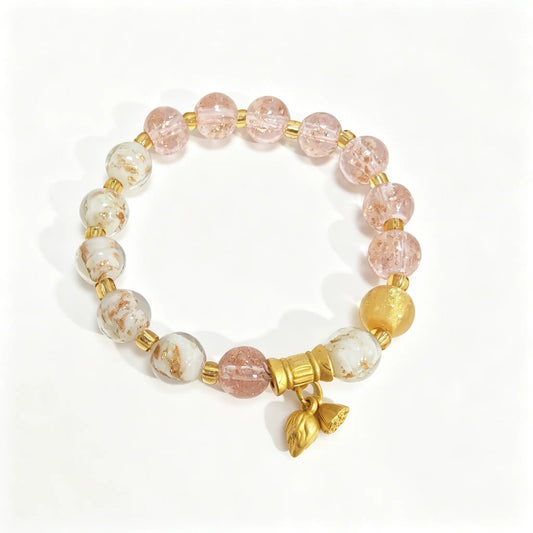 Pink & White Two - Tone Glow - in - the - Dark Beaded Bracelet | “Two Worlds in Love” Floral Charm Bracelet (10mm Beads) - Blissette