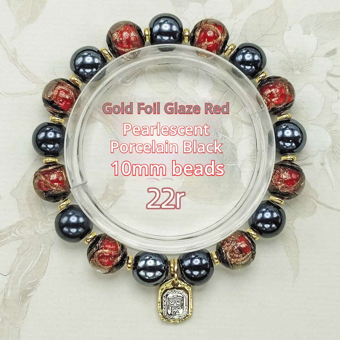 Beijing Temple Style Bracelet | Gold Sand Iridescent Ceramic & Blue Gold Foil Glass | Matte Black Porcelain Beads | Unisex Minimalist Design - Blissette