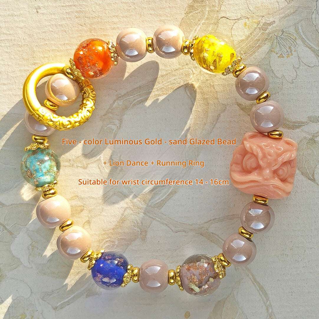 Panjiayuan Bracelet | Four-Color Gold Foil Glass & Light Blue Pearl Ceramic | Awakening Lion & Five Blessings Square Beads | New Chinese Style