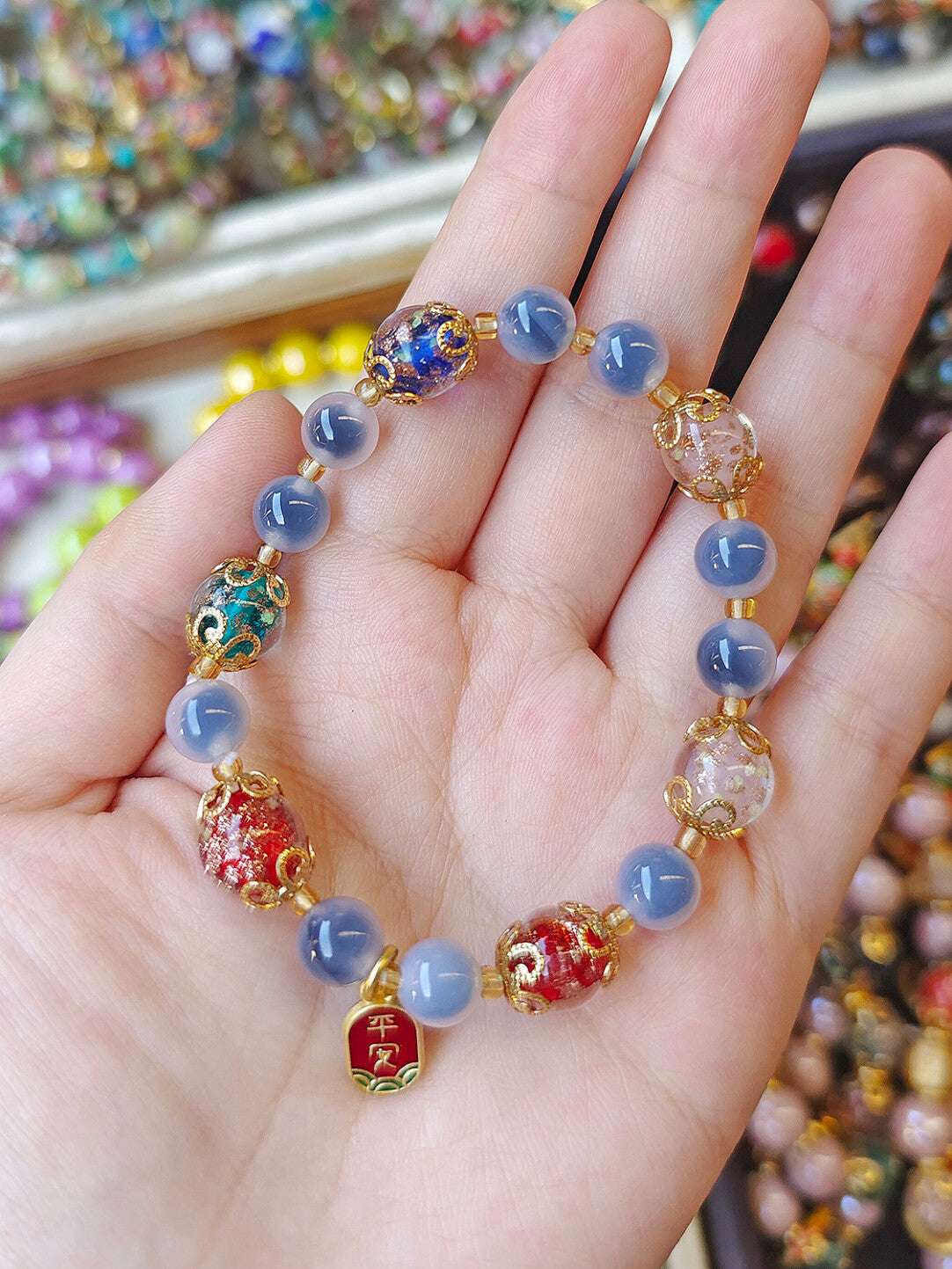 Gold Foil Liuli Glass Luminous Candy Heart Agate Bracelet | Temple Style Semi-Sugar Design | New Chinese Zen Jewelry with Family Charm - Blissette
