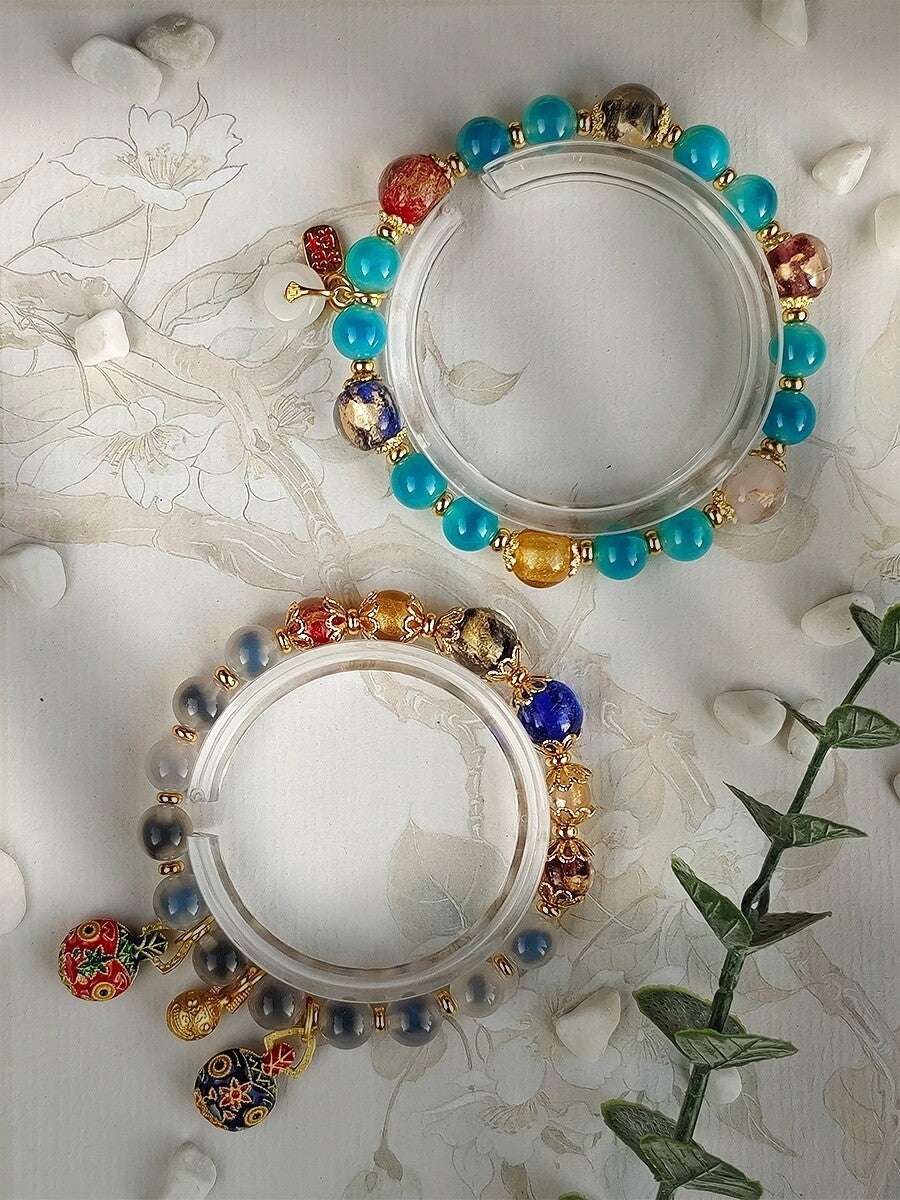 Gold Foil Liuli Glass Luminous Candy Heart Agate Bracelet | Temple Style Semi-Sugar Design | New Chinese Zen Jewelry with Family Charm - Blissette