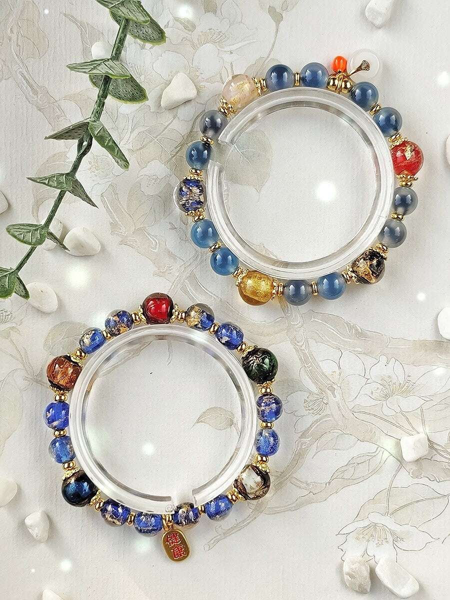 Gold Foil Liuli Glass Luminous Candy Heart Agate Bracelet | Temple Style Semi-Sugar Design | New Chinese Zen Jewelry with Family Charm - Blissette