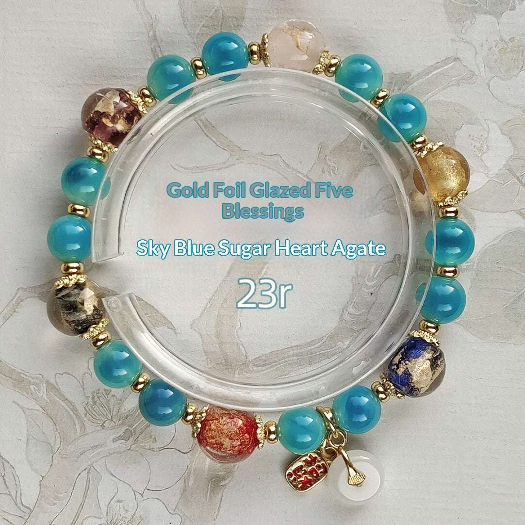 Gold Foil Liuli Glass Luminous Candy Heart Agate Bracelet | Temple Style Semi-Sugar Design | New Chinese Zen Jewelry with Family Charm - Blissette