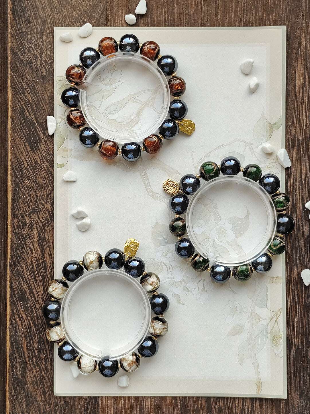Beijing Temple Style Bracelet | Gold Sand Iridescent Ceramic & Blue Gold Foil Glass | Matte Black Porcelain Beads | Unisex Minimalist Design - Blissette
