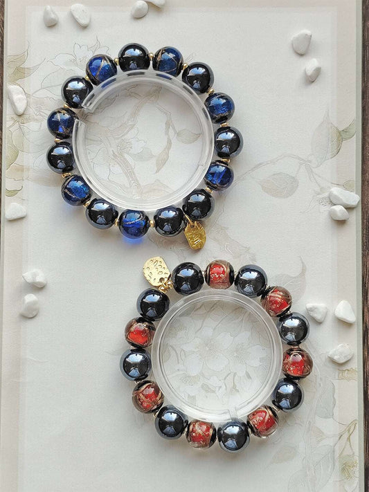 Beijing Temple Style Bracelet | Gold Sand Iridescent Ceramic & Blue Gold Foil Glass | Matte Black Porcelain Beads | Unisex Minimalist Design - Blissette