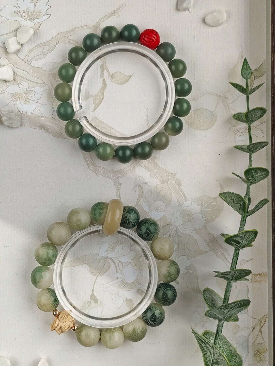 Charcoal Roasted Cat Paw Bodhi Root Bracelet | Green Floating Flower & Six-Word Mantra | Oil-Infused Caramel Mini Bun Design | Twilight Forest