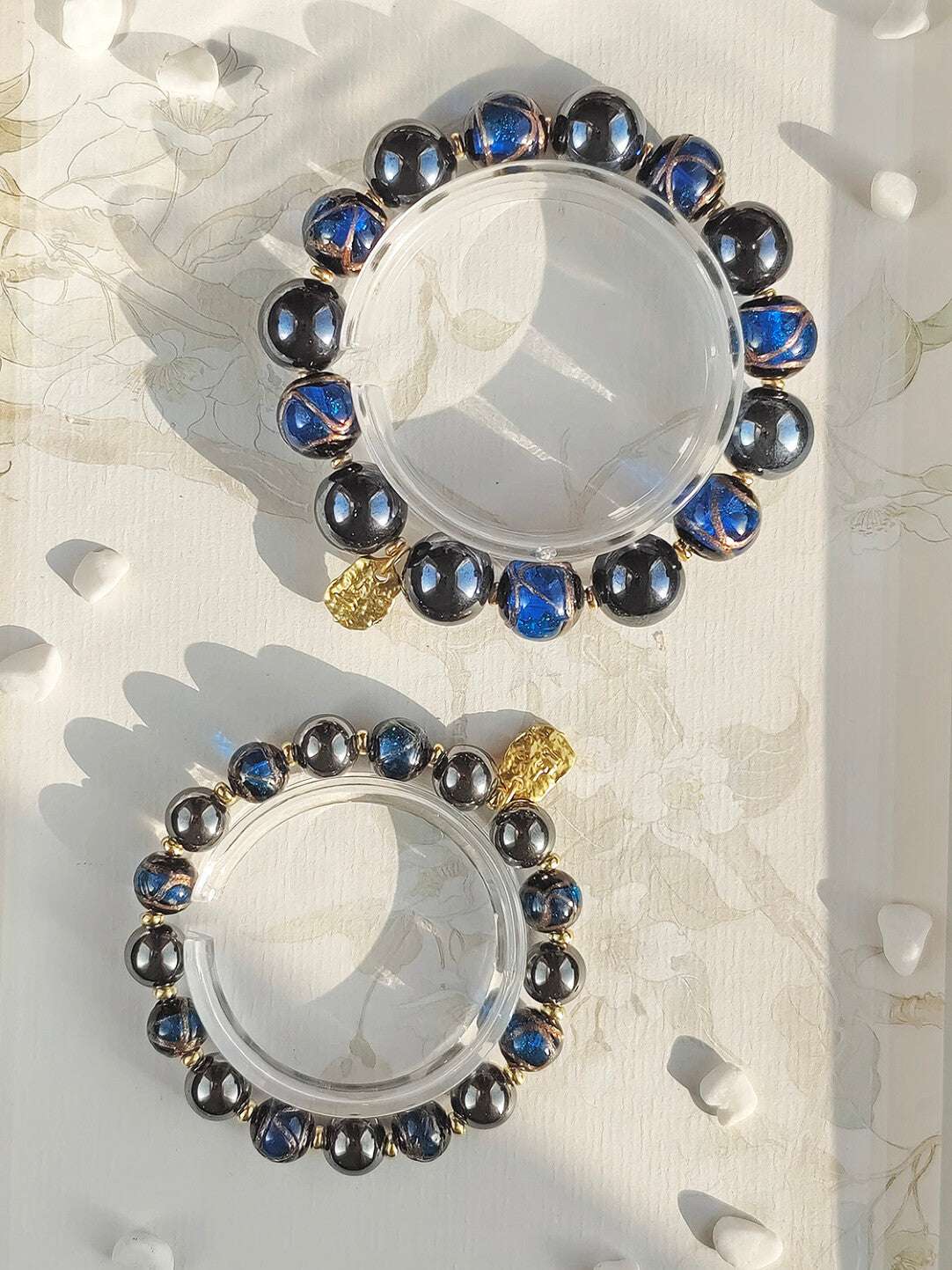 Beijing Temple Style Bracelet | Gold Sand Iridescent Ceramic & Blue Gold Foil Glass | Matte Black Porcelain Beads | Unisex Minimalist Design - Blissette
