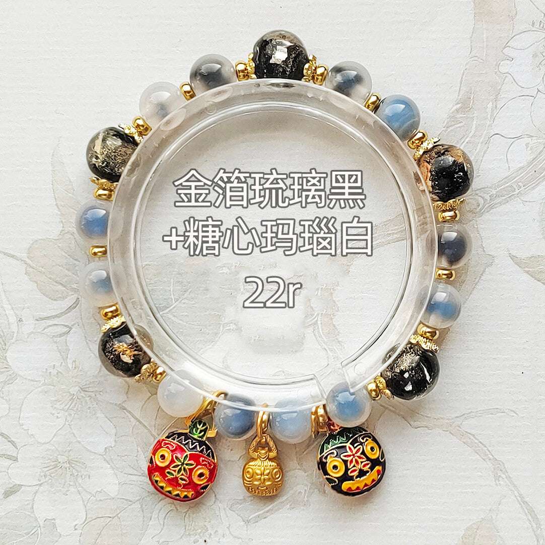 Gold Foil Liuli Glass Luminous Candy Heart Agate Bracelet | Temple Style Semi-Sugar Design | New Chinese Zen Jewelry with Family Charm - Blissette