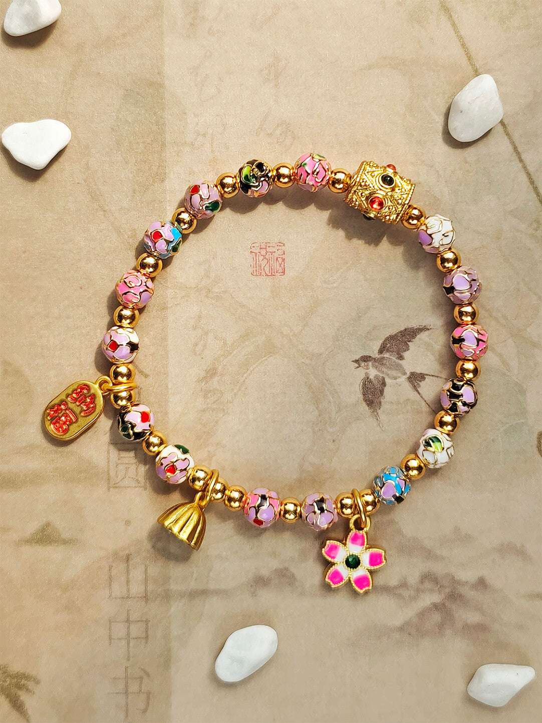 Traditional Beijing Temple Cloisonné Bracelet, 6mm Multicolor "Myriad Flowers" Beads, Copper Base New Chinese Style, Vintage Ethnic Jewelry - Blissette