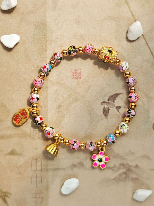 Traditional Beijing Temple Cloisonné Bracelet, 6mm Multicolor "Myriad Flowers" Beads, Copper Base New Chinese Style, Vintage Ethnic Jewelry - Blissette