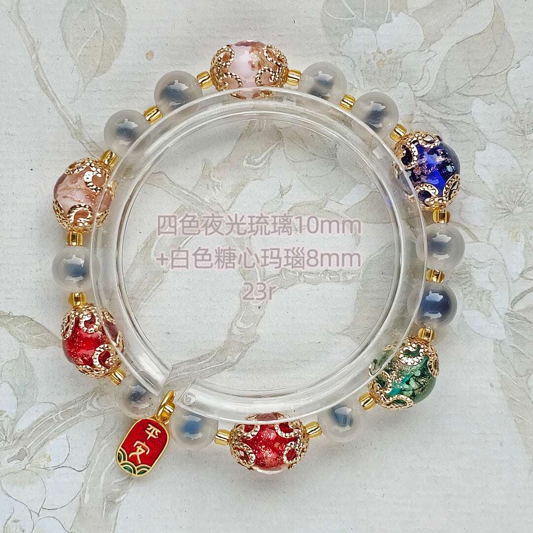 Gold Foil Liuli Glass Luminous Candy Heart Agate Bracelet | Temple Style Semi-Sugar Design | New Chinese Zen Jewelry with Family Charm - Blissette