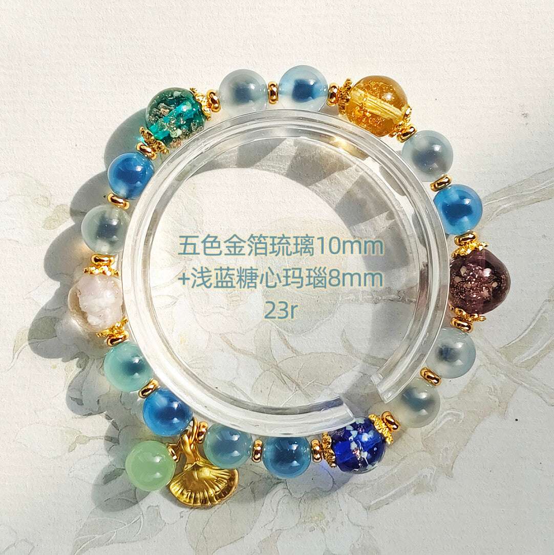 Gold Foil Liuli Glass Luminous Candy Heart Agate Bracelet | Temple Style Semi-Sugar Design | New Chinese Zen Jewelry with Family Charm - Blissette