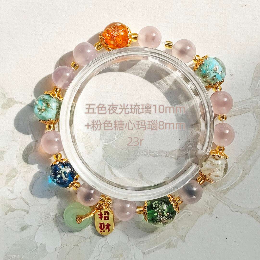 Gold Foil Liuli Glass Luminous Candy Heart Agate Bracelet | Temple Style Semi-Sugar Design | New Chinese Zen Jewelry with Family Charm - Blissette