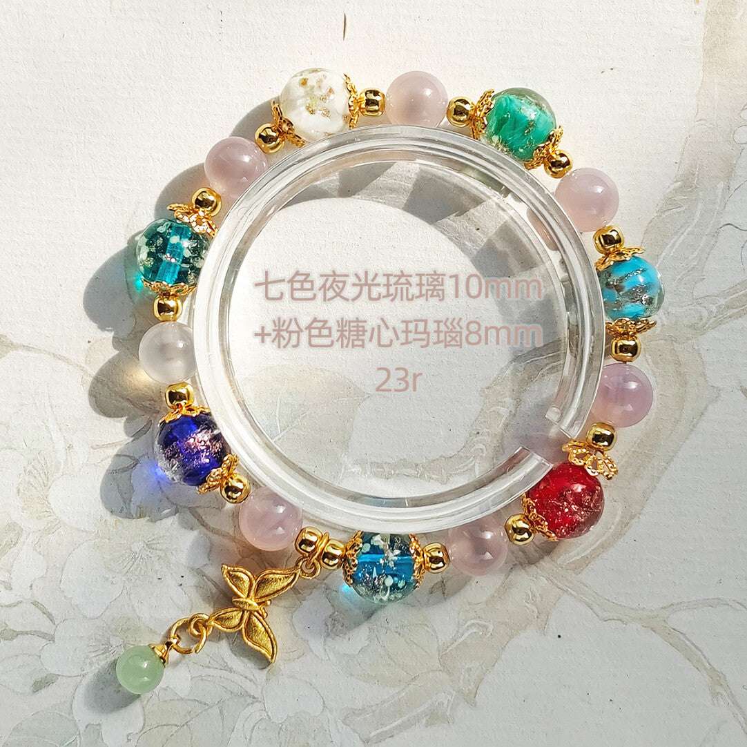 Gold Foil Liuli Glass Luminous Candy Heart Agate Bracelet | Temple Style Semi-Sugar Design | New Chinese Zen Jewelry with Family Charm - Blissette