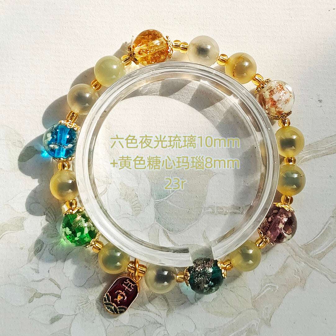Gold Foil Liuli Glass Luminous Candy Heart Agate Bracelet | Temple Style Semi-Sugar Design | New Chinese Zen Jewelry with Family Charm - Blissette
