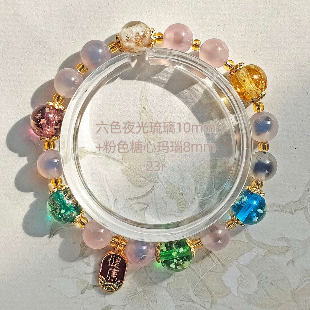 Gold Foil Liuli Glass Luminous Candy Heart Agate Bracelet | Temple Style Semi-Sugar Design | New Chinese Zen Jewelry with Family Charm - Blissette