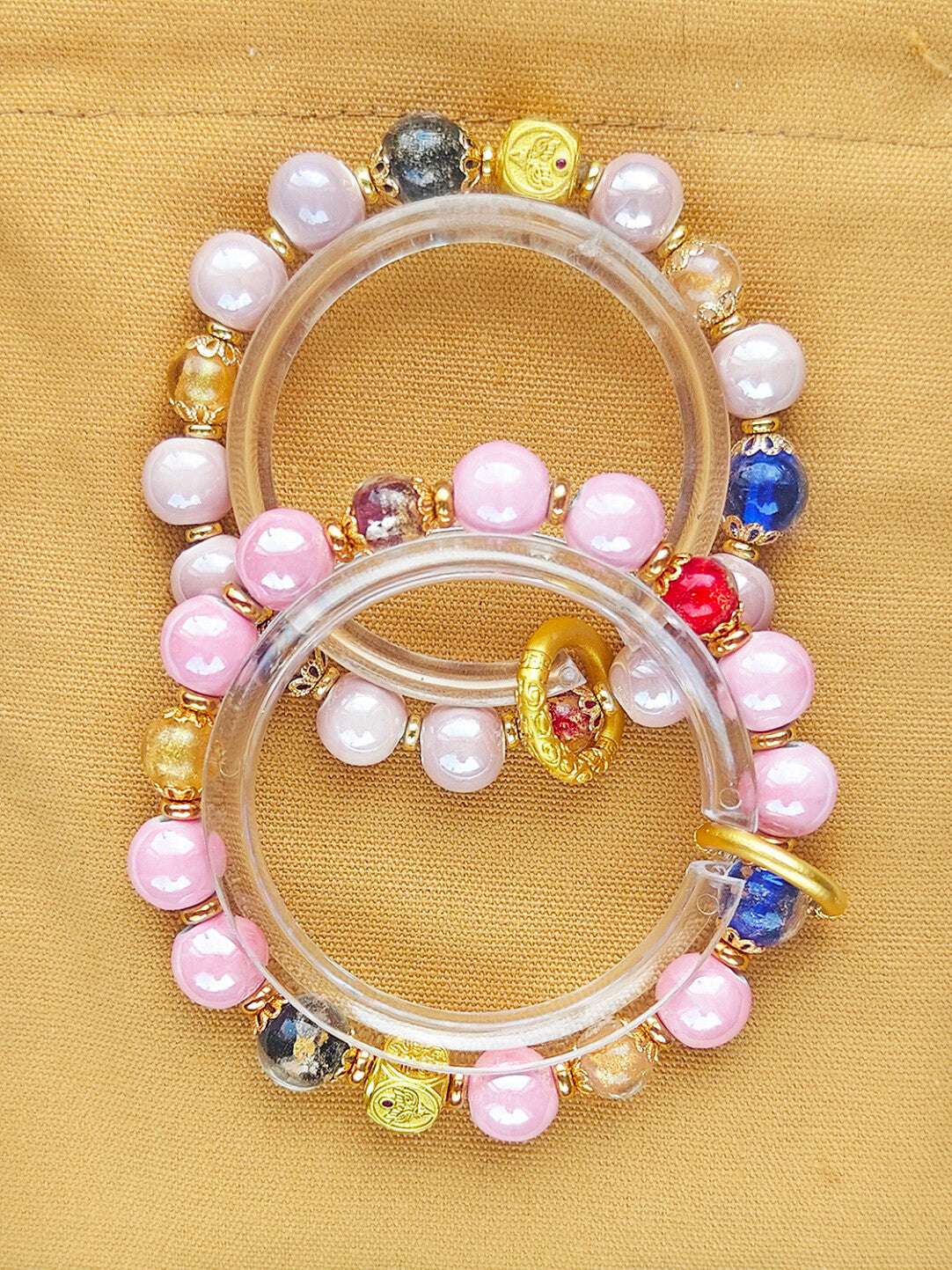 Panjiayuan Bracelet | Four-Color Gold Foil Glass & Light Blue Pearl Ceramic | Awakening Lion & Five Blessings Square Beads | New Chinese Style