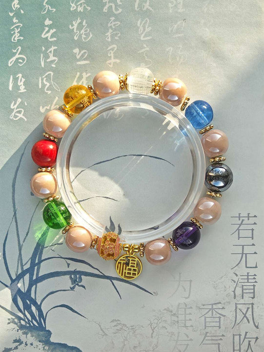 Panjiayuan Bracelet | Four-Color Gold Foil Glass & Light Blue Pearl Ceramic | Awakening Lion & Five Blessings Square Beads | New Chinese Style - undefined