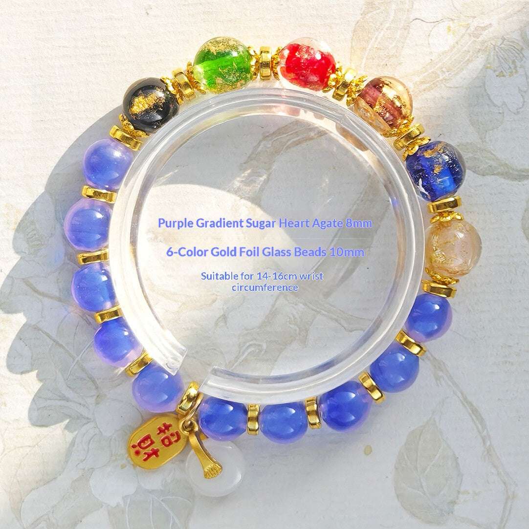 Gold Foil Liuli Glass Luminous Candy Heart Agate Bracelet | Temple Style Semi-Sugar Design | New Chinese Zen Jewelry with Family Charm - Blissette