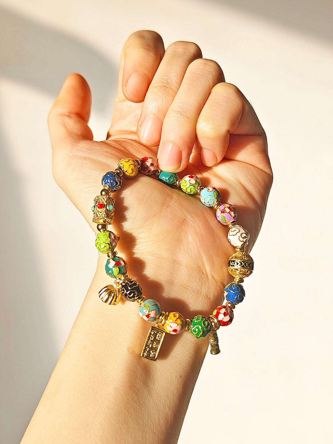 Traditional Beijing Temple Cloisonné Bracelet, 6mm Multicolor "Myriad Flowers" Beads, Copper Base New Chinese Style, Vintage Ethnic Jewelry - Blissette