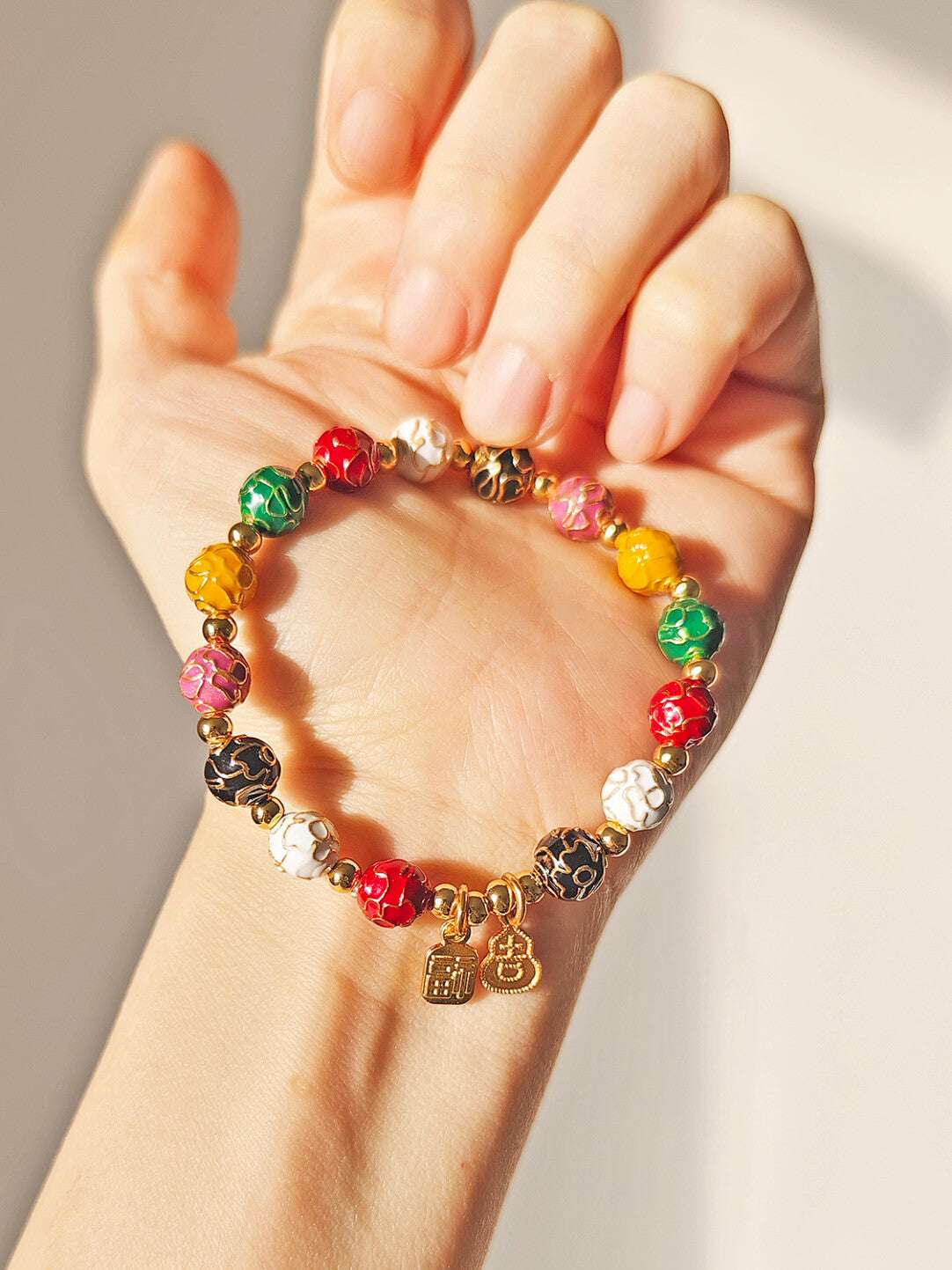 Traditional Beijing Temple Cloisonné Bracelet, 6mm Multicolor "Myriad Flowers" Beads, Copper Base New Chinese Style, Vintage Ethnic Jewelry - Blissette