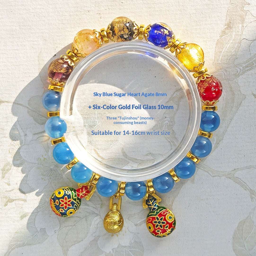 Gold Foil Liuli Glass Luminous Candy Heart Agate Bracelet | Temple Style Semi-Sugar Design | New Chinese Zen Jewelry with Family Charm - Blissette