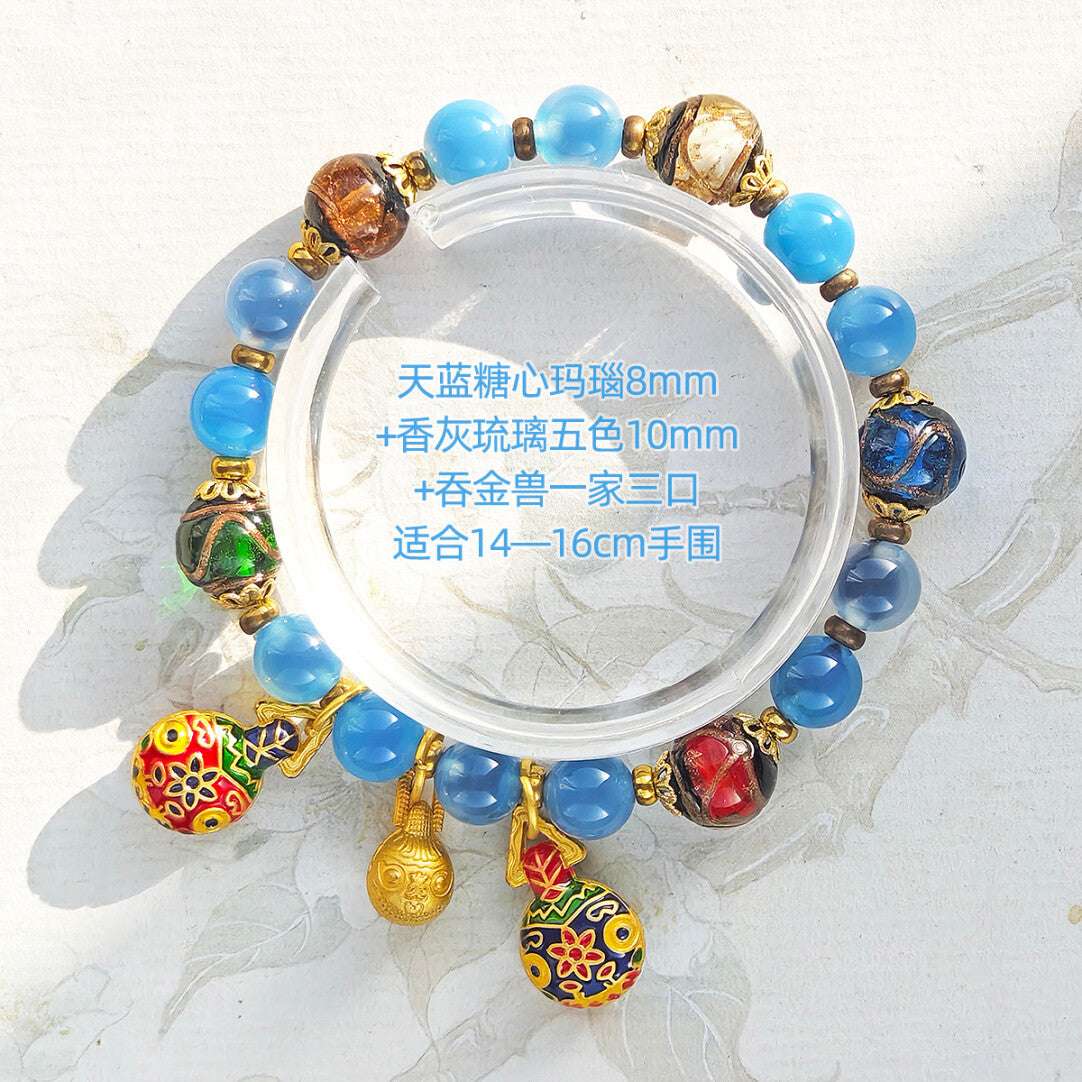 Gold Foil Liuli Glass Luminous Candy Heart Agate Bracelet | Temple Style Semi-Sugar Design | New Chinese Zen Jewelry with Family Charm - Blissette