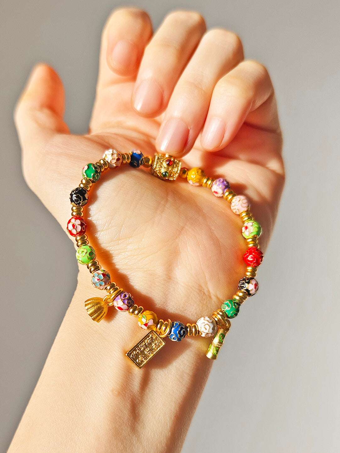 Traditional Beijing Temple Cloisonné Bracelet, 6mm Multicolor "Myriad Flowers" Beads, Copper Base New Chinese Style, Vintage Ethnic Jewelry - Blissette