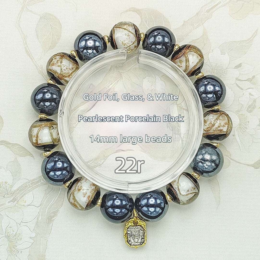 Beijing Temple Style Bracelet | Gold Sand Iridescent Ceramic & Blue Gold Foil Glass | Matte Black Porcelain Beads | Unisex Minimalist Design - Blissette