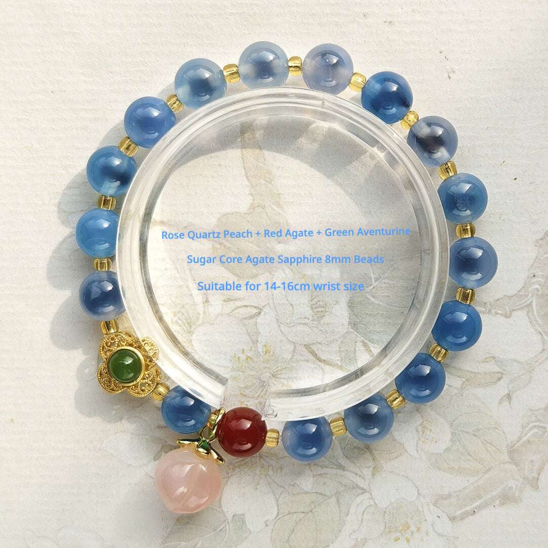 Sugar Heart Agate Bracelet | Half-Sugar Solid Color Small Beads | Beijing Temple Style | Exquisite Classic Design | 8mm Medium Beads, Blue - Blissette