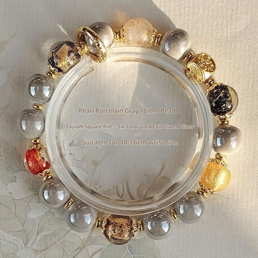 Panjiayuan Bracelet | Four-Color Gold Foil Glass & Light Blue Pearl Ceramic | Awakening Lion & Five Blessings Square Beads | New Chinese Style