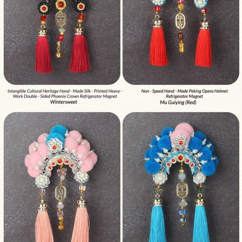 Ancient Chinese Opera Phoenix Coronet & Bridal Headdress Fridge Magnets, Peking Opera Facial Mask Cultural Souvenirs from Beijing Museum, Travel Magnetic Refrigerator Decor Gifts