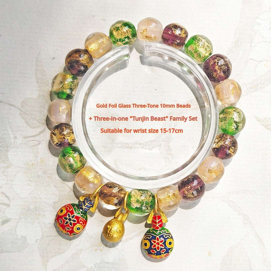 Beijing Temple Style Bracelet | Multi-Gem Gold Sand Glass & Amethyst | Five Blessings "Gold Swallowing Beast" | New Chinese Style - Blissette