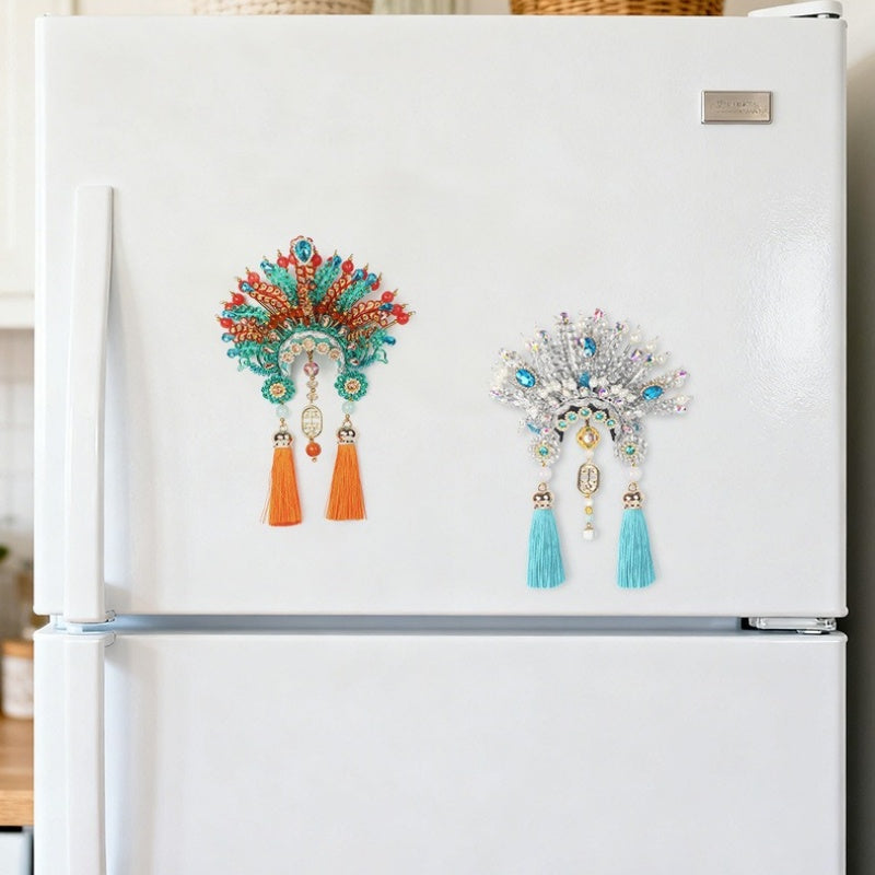 Ancient Chinese Opera Phoenix Coronet & Bridal Headdress Fridge Magnets, Peking Opera Facial Mask Cultural Souvenirs from Beijing Museum, Travel Magnetic Refrigerator Decor Gifts