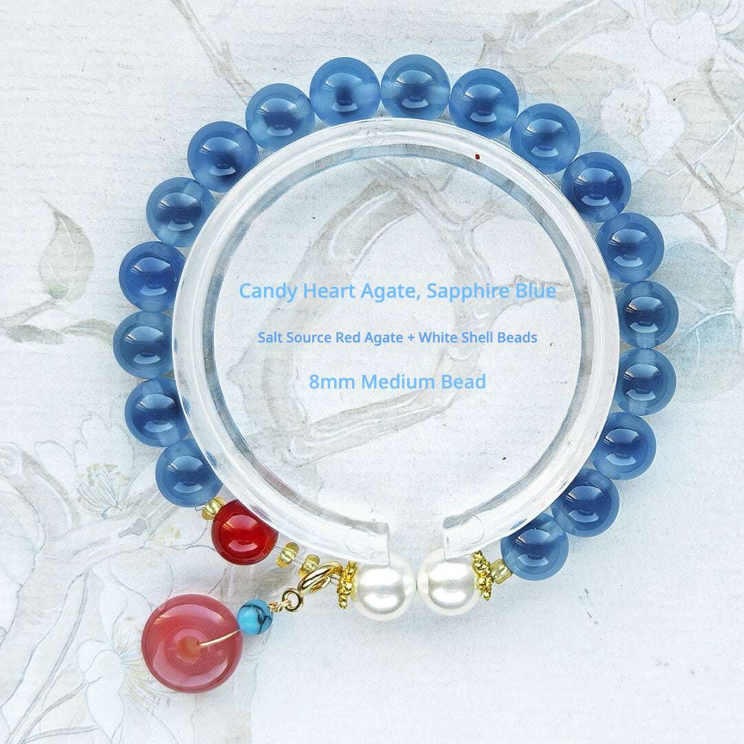 Sugar Heart Agate Bracelet | Half-Sugar Solid Color Small Beads | Beijing Temple Style | Exquisite Classic Design | 8mm Medium Beads, Blue - Blissette