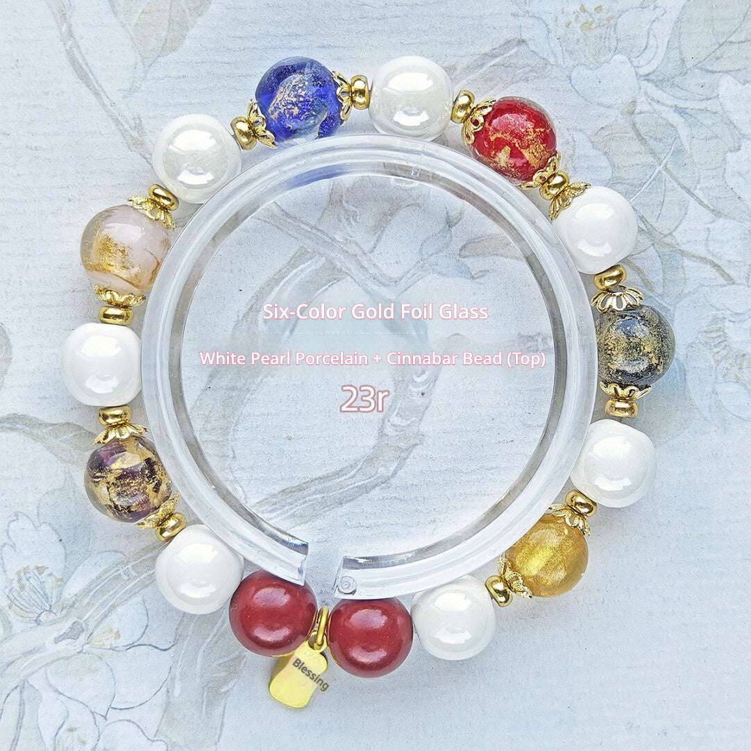Panjiayuan Bracelet | Four-Color Gold Foil Glass & Light Blue Pearl Ceramic | Awakening Lion & Five Blessings Square Beads | New Chinese Style