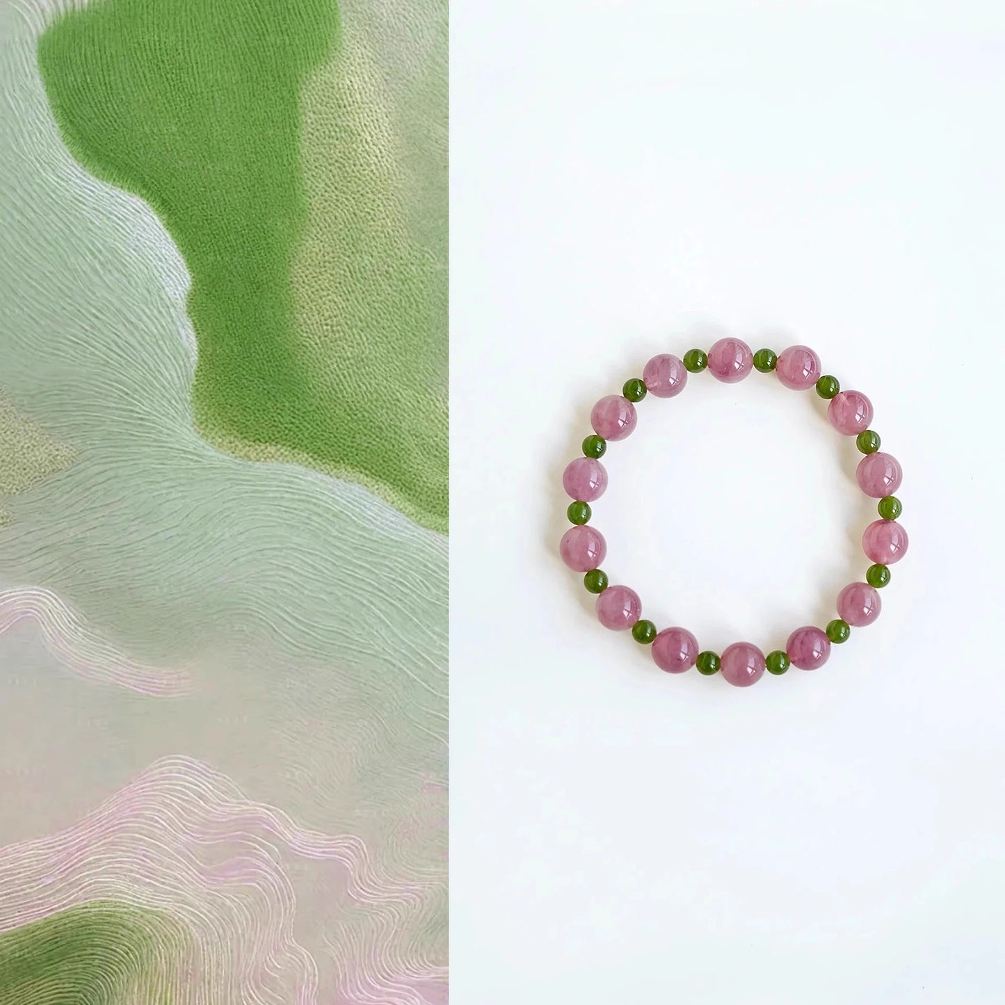 Womans hand wearing a pink crystal and green jade beaded bracelet in modern chinese style