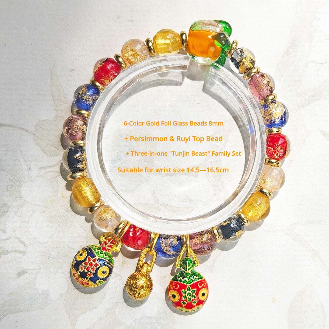 Beijing Temple Style Bracelet | Multi-Gem Gold Sand Glass & Amethyst | Five Blessings "Gold Swallowing Beast" | New Chinese Style - Blissette
