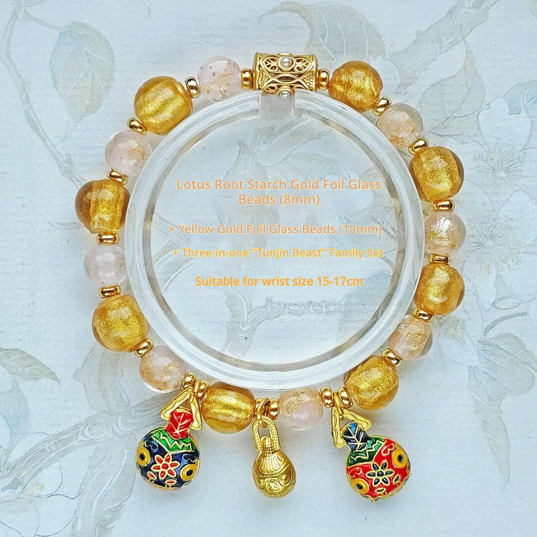 Beijing Temple Style Bracelet | Multi-Gem Gold Sand Glass & Amethyst | Five Blessings "Gold Swallowing Beast" | New Chinese Style - Blissette