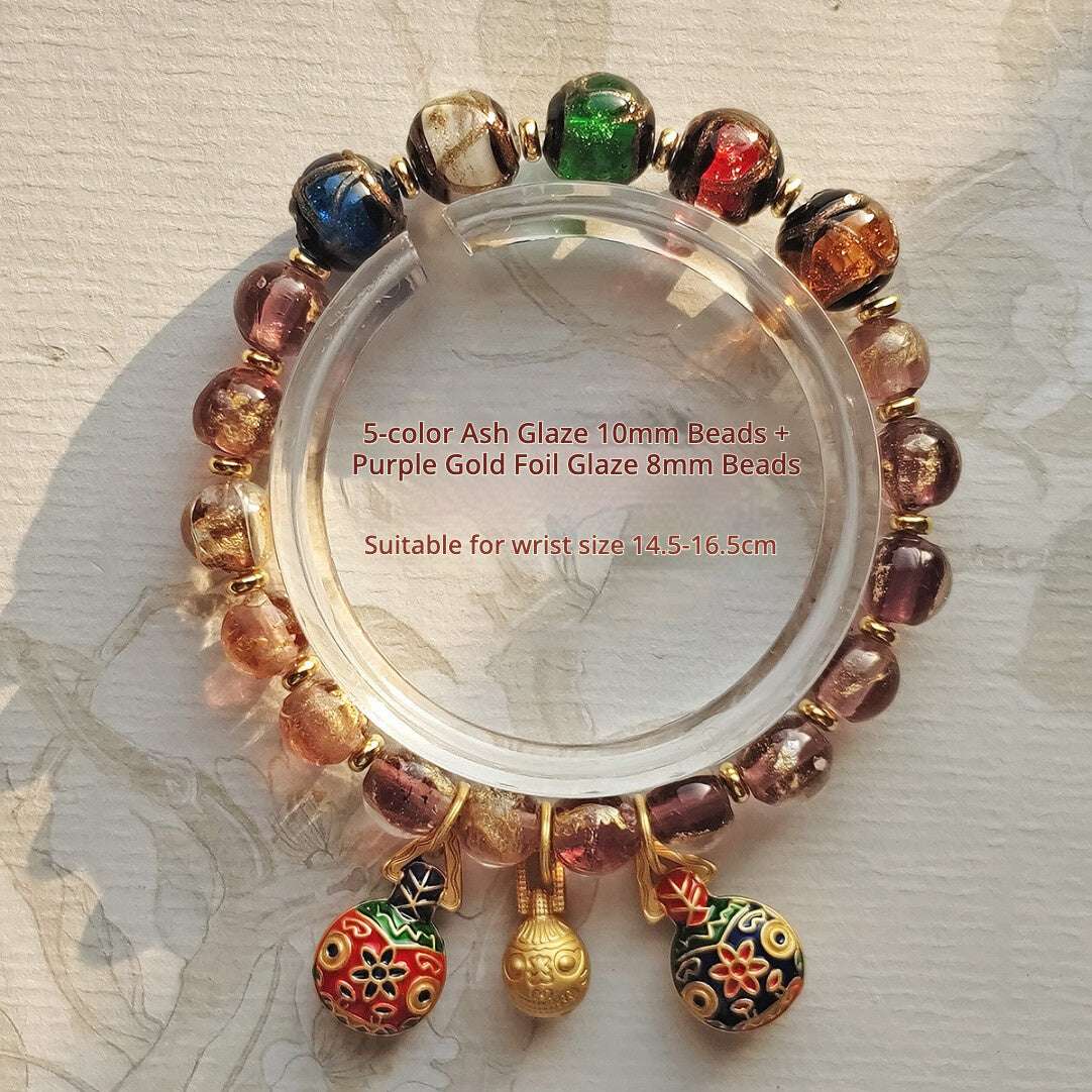 Beijing Temple Style Bracelet | Multi-Gem Gold Sand Glass & Amethyst | Five Blessings "Gold Swallowing Beast" | New Chinese Style - Blissette