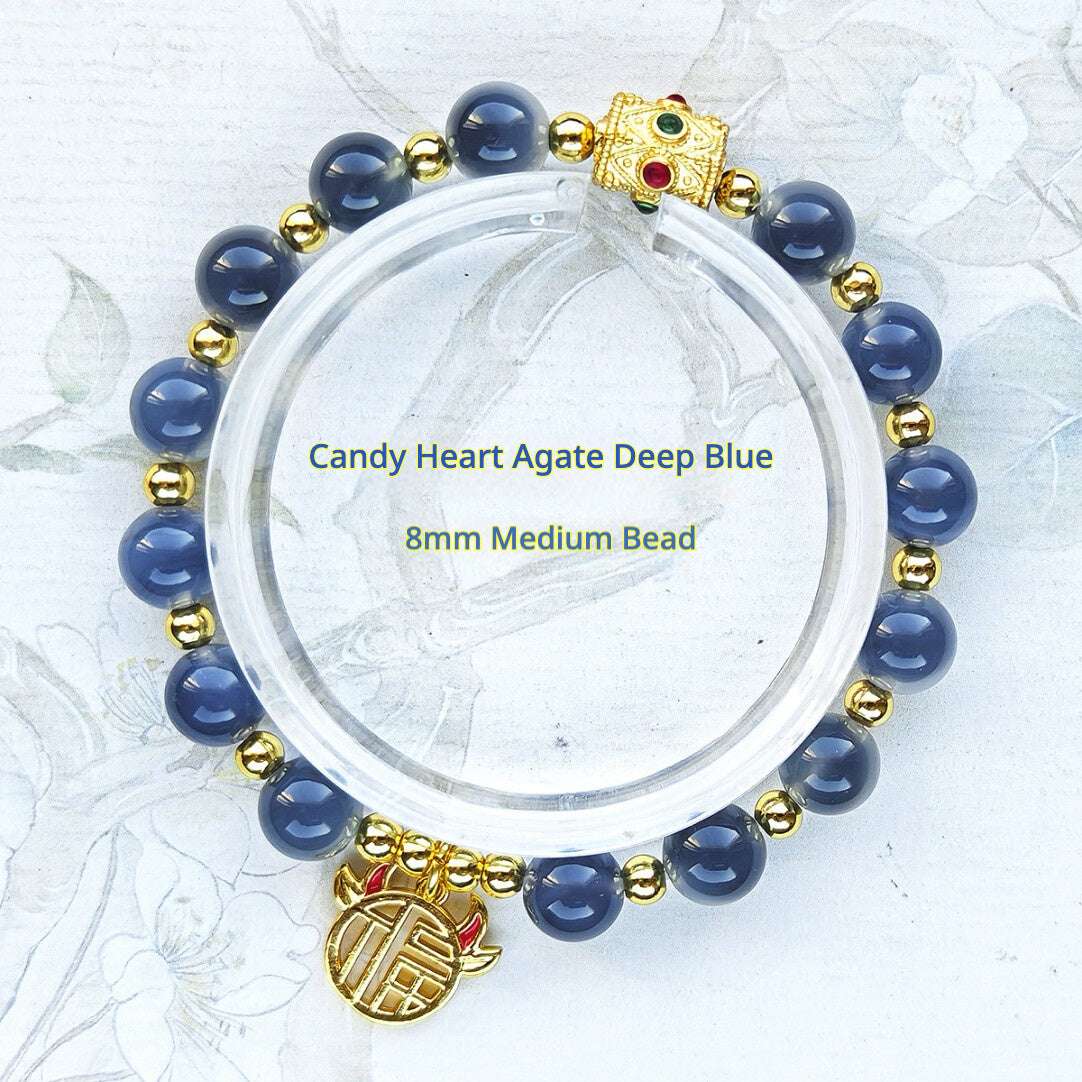 Sugar Heart Agate Bracelet | Half-Sugar Solid Color Small Beads | Beijing Temple Style | Exquisite Classic Design | 8mm Medium Beads, Blue - Blissette