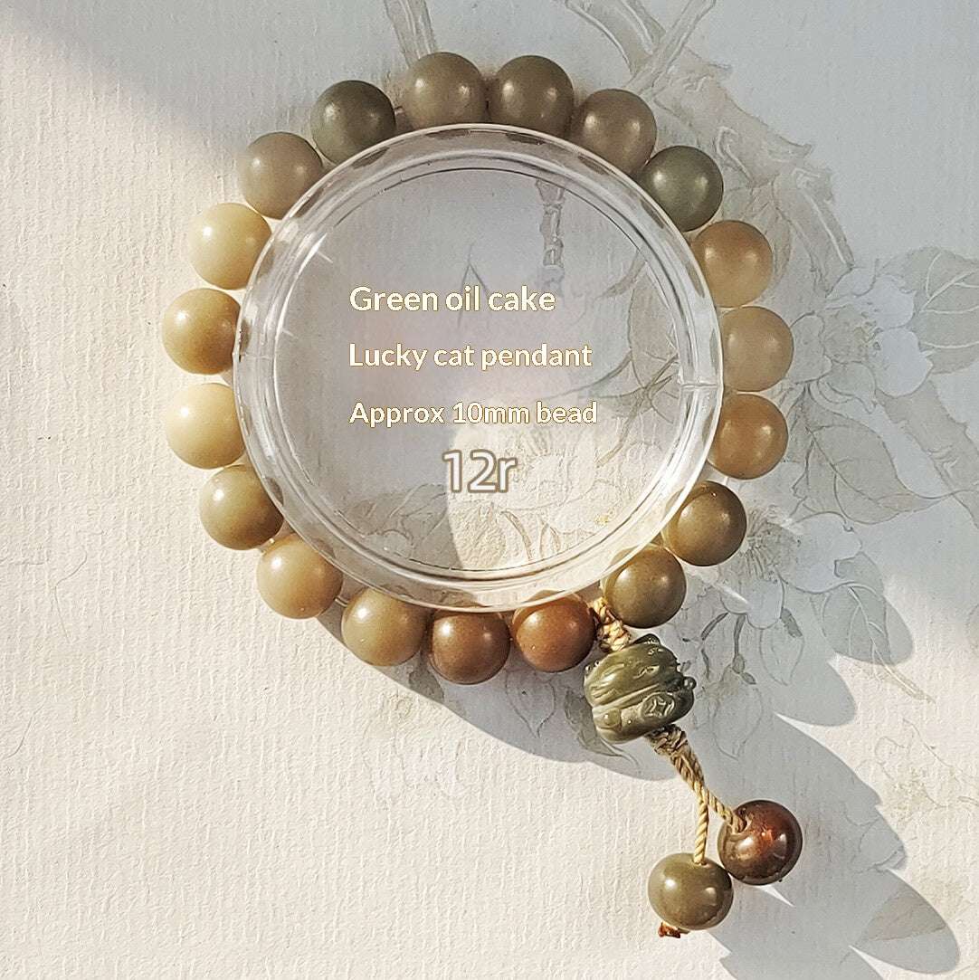 Charcoal Roasted Cat Paw Bodhi Root Bracelet | Green Floating Flower & Six-Word Mantra | Oil-Infused Caramel Mini Bun Design | Twilight Forest