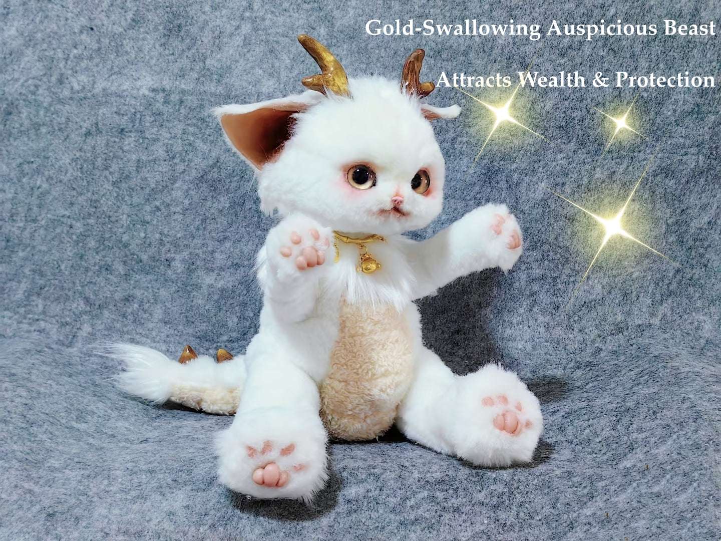 Handmade Gold Foil Glass Dragon Plush | Cute Little吞吞兽 (Xiao Long Ren) Stuffed Animal with Gold Horns & Lucky Bell - Collectible Furry Companion