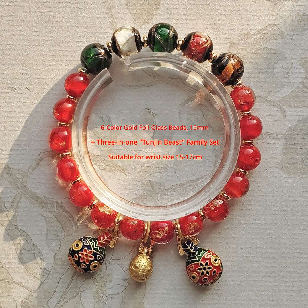 Beijing Temple Style Bracelet | Multi-Gem Gold Sand Glass & Amethyst | Five Blessings "Gold Swallowing Beast" | New Chinese Style - Blissette