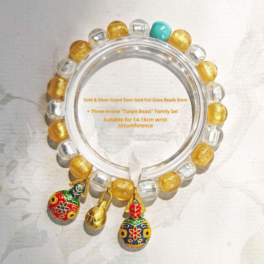 Beijing Temple Style Bracelet | Multi-Gem Gold Sand Glass & Amethyst | Five Blessings "Gold Swallowing Beast" | New Chinese Style - Blissette