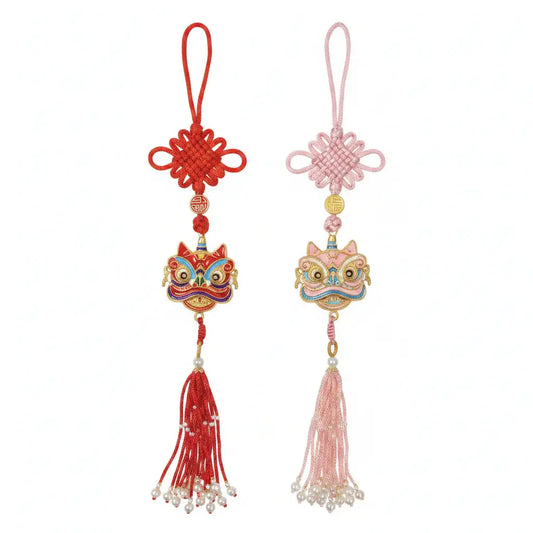 Palace-Inspired Lion Dance Car Hanging Ornament | Traditional Folk Art for Positive Energy & Good Fortune (Pink/Red) - Blissette