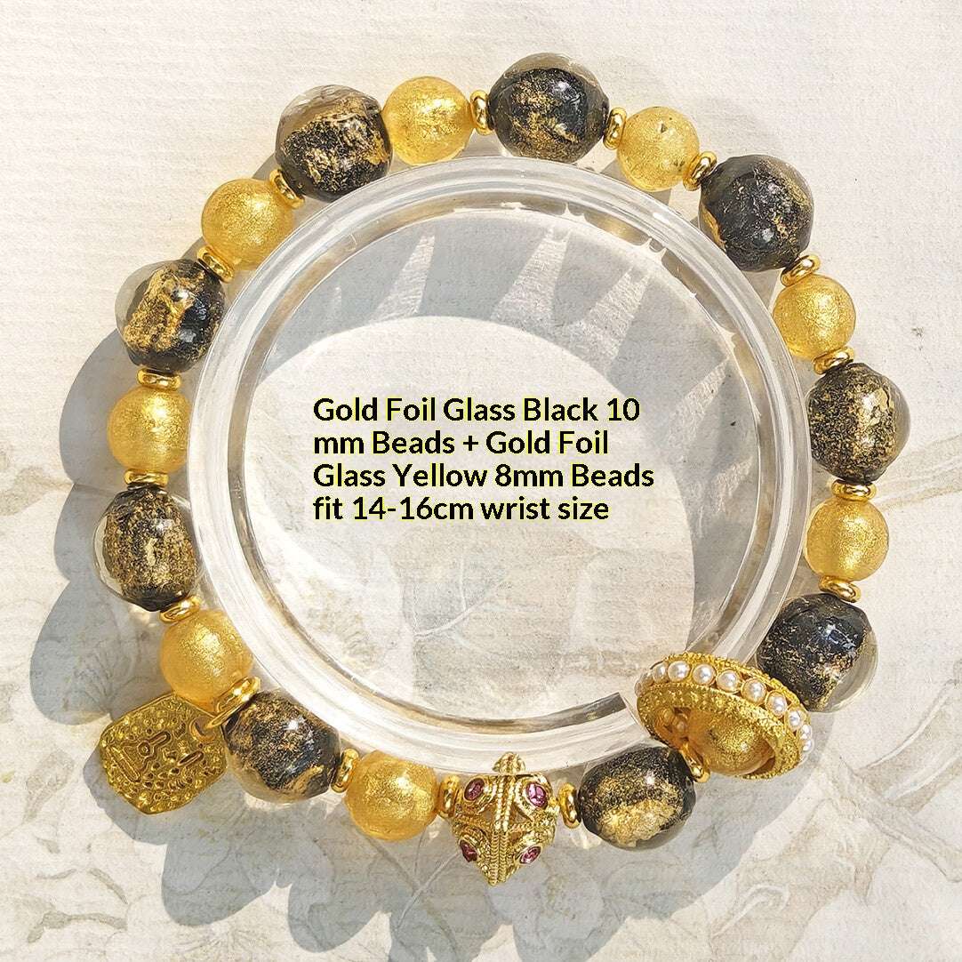 Beijing Temple Style Bracelet | Gold Foil Glass Black & Ochre | Five Blessings & Ten Perfections | New Chinese Style