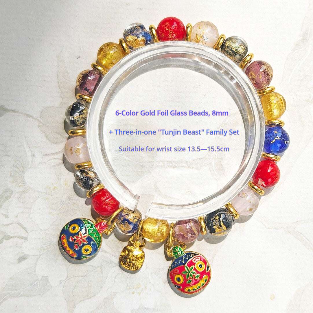 Beijing Temple Style Bracelet | Multi-Gem Gold Sand Glass & Amethyst | Five Blessings "Gold Swallowing Beast" | New Chinese Style - Blissette