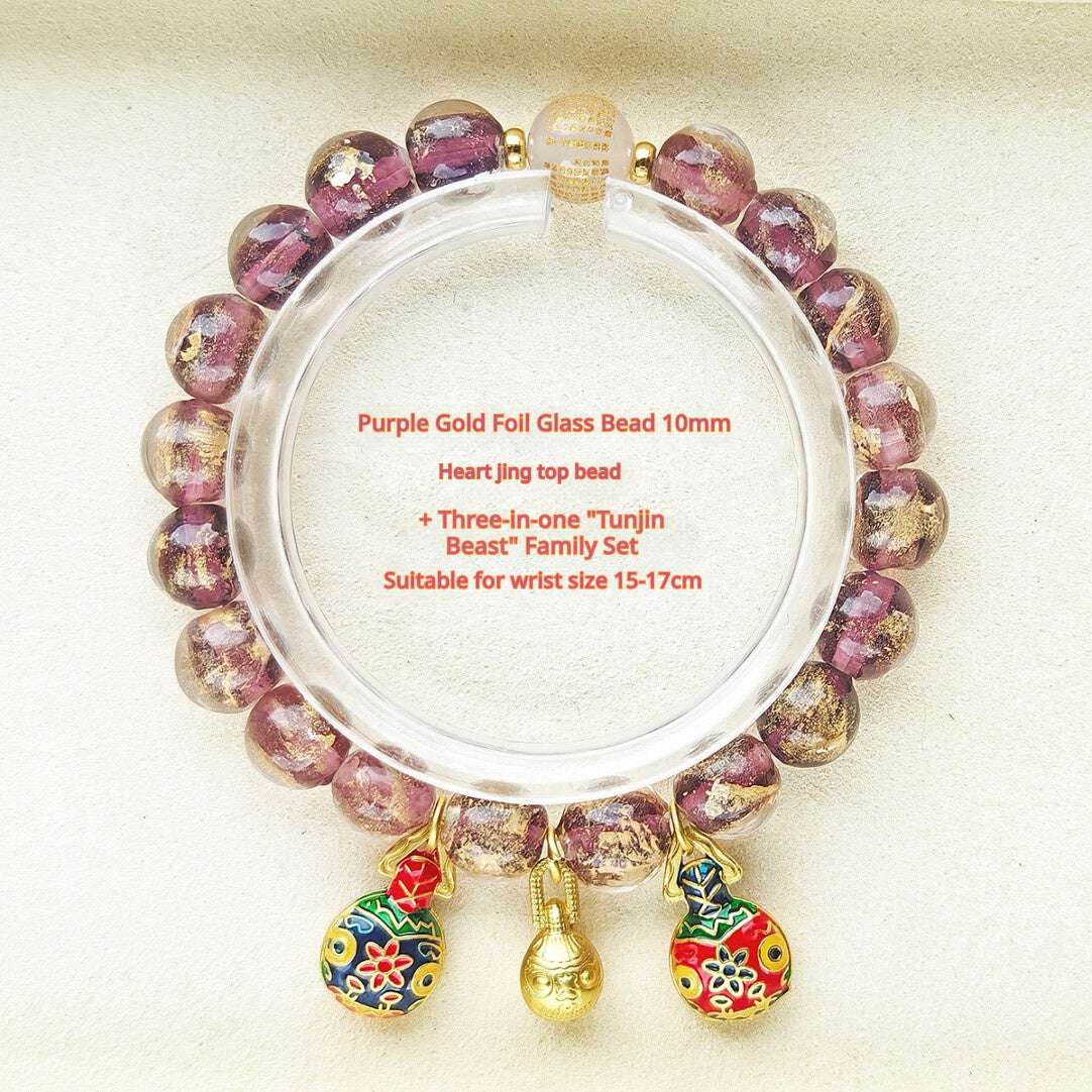 Beijing Temple Style Bracelet | Multi-Gem Gold Sand Glass & Amethyst | Five Blessings "Gold Swallowing Beast" | New Chinese Style - Blissette